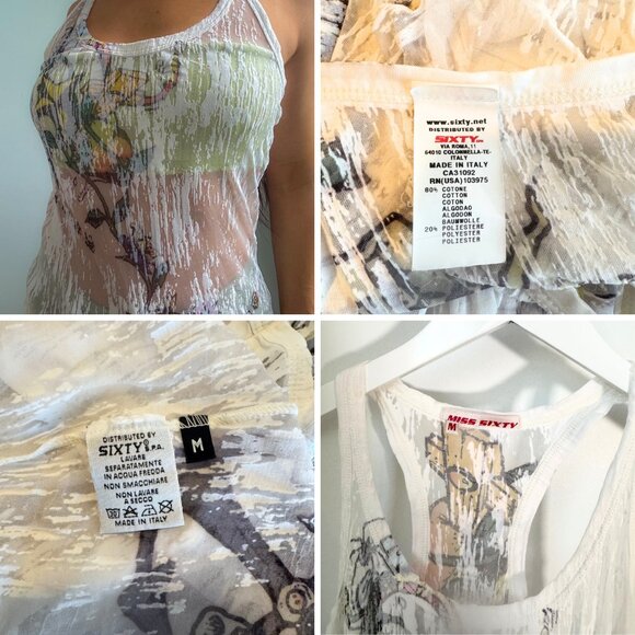 Y2K Vintage Miss Sixty Sheer Mesh Graphic Top, Printed Downton Girl Tank Top (M) - Picture 6 of 6